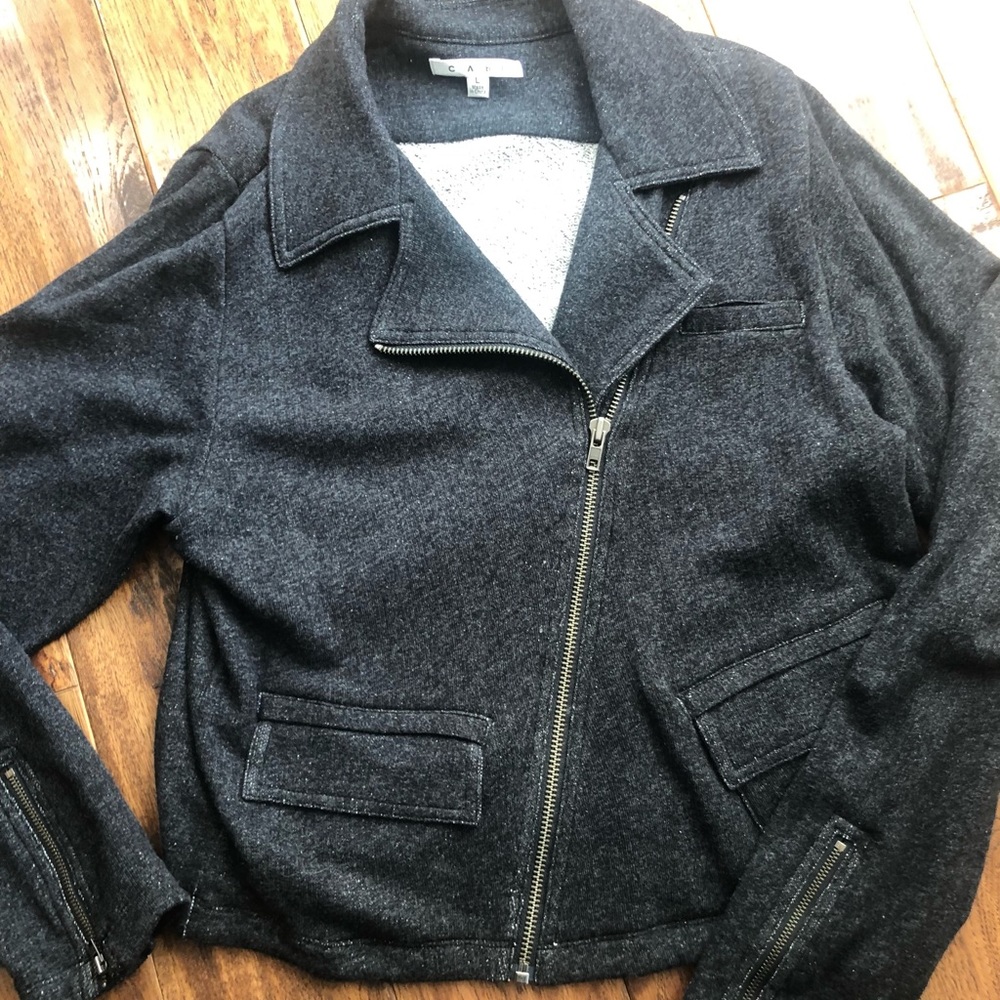 CAbi 100% Cotton Jacket Black Zipper Details Large Style 775 Asymmetrical Zip